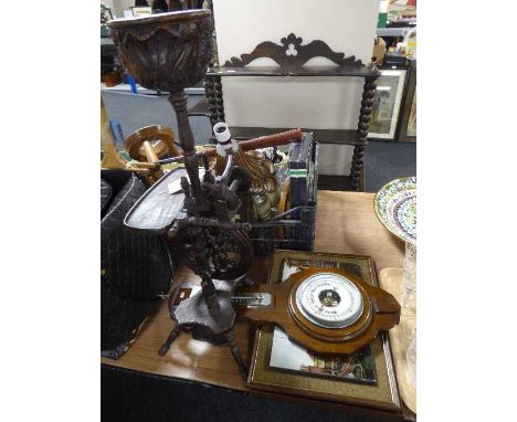 An oak smoker's stand in the form of a spinning wheel, oak barometer and four framed pictures
