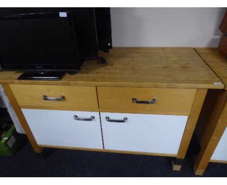 A pine Ikea work bench fitted two drawers and cupboards 