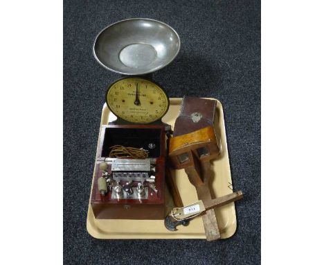 A tray containing Izons vintage family scales, Stereoscope viewer, miniature hand axe etc