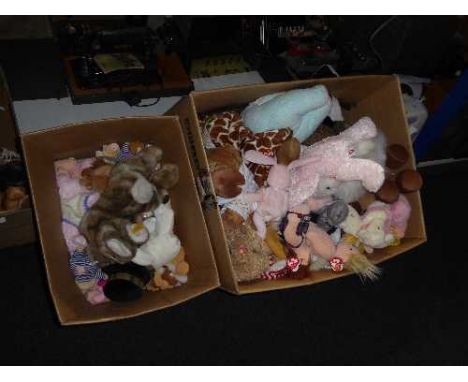 Two boxes of soft toys inc. TY Beany Babies, Steiff rabbit etc 