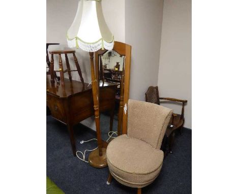 A standard lamp and shade, walnut framed hall mirror and button back bedroom chair 
