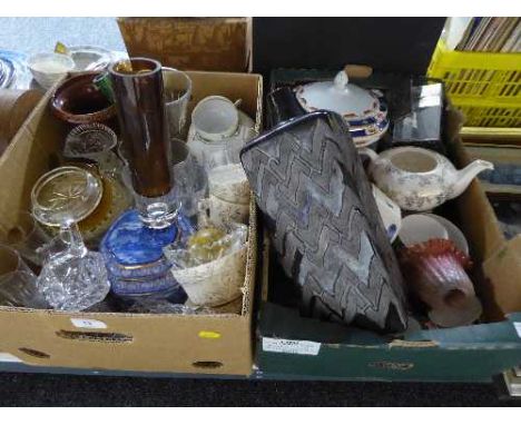 Two boxes containing a large quantity of pressed glass, Ringtons caddy, studio pottery, Palissy tureen and cover etc