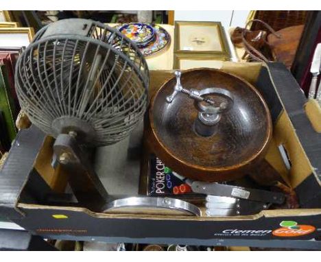 A vintage bingo machine, oak nut cracker bowl, shaving mirror, two poker chip sets, etc 