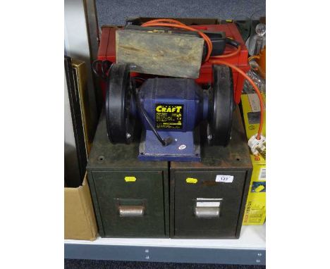 Two metal index drawers together with a toolbox and tools, Bosch sander and cordless drill, Powercraft bench grinder