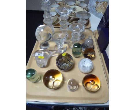 A tray of five graduated glass candlesticks in the style of Whitefriars, glass bell, glass paperweights inc. Caithness etc 