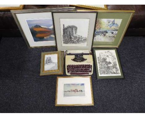 A box of cased Olympia Splendid 33 typewriter, framed pictures inc. signed framed prints, photographs, pencil sketch etc 