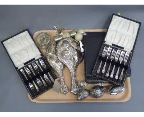 A silver backed mirror and dressing table brush together with four cases of silver plated cutlery, Ronson lighter, golfing co