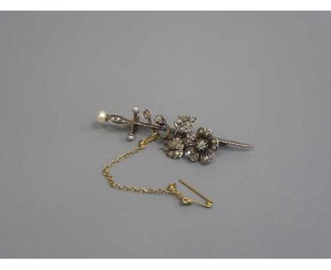 A Georgian brooch modelled as a dagger and flower with rose-cut diamonds and seed pearl pommel