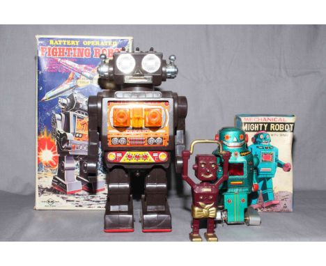 SH Japan battery operated Fighting Robot, Mighty Robot and unknown loose plastic Robot.  Excellent in Good to Very Good boxes