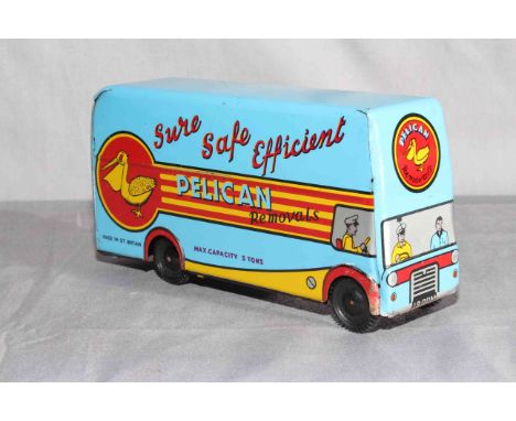 Wells Brimtoy friction drive tinplate Removal Van with up and over door “Pelican”.  Excellent unboxed.