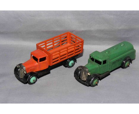 Post War Dinky 25d Tanker with green hubs, type 4 chassis 'PETROL' and 25f Market Gardeners Lorry with light green hubs, type