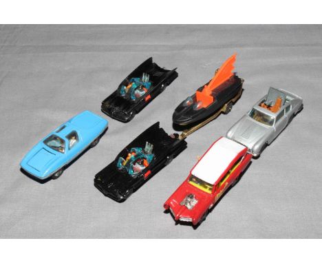 Six Corgi Husky TV &amp; Film related vehicles.  Batmobile with and without tow hook, Bat Boat and Trailer,  Man from UNCLE P