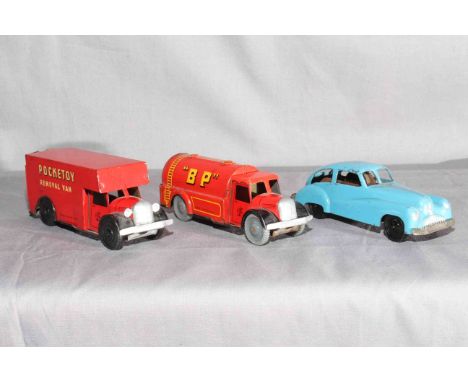 3 x Wells Brimtoy Pocketoy.  Removal Van, Saloon Car and BP Tanker.   Very Good unboxed, clockwork motor works.