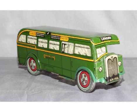Wells Brimtoy clockwork tinplate Green Line Single Decker Coach.  Very Good with minor corrosion.  Unboxed, clockwork motor w