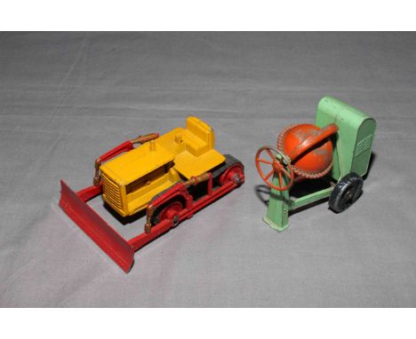 Early Lesney Cement Mixer with Light Green body and Black wheels plus Caterpillar Bulldozer with original rubber tracks.  Goo