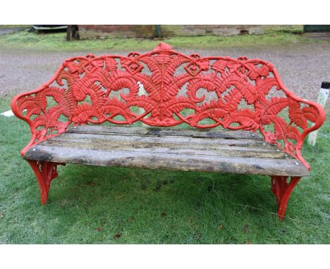 Coalbrookdale style cast iron garden bench finished in Red, wooden slats in overall good condition but may need a little work