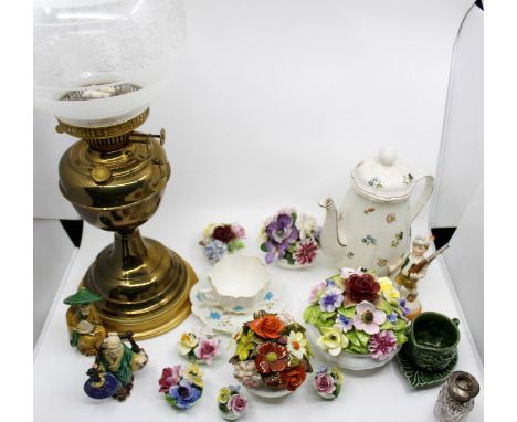 A brass oil lamp in Victorian style, (only item located in the tearoom).   Various posy bowls, two modern Chinese small figur