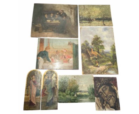 A group of eight unframed oil on boards.  To include A religious portrait signed Miller A landscape signed F.S.Stannard An in