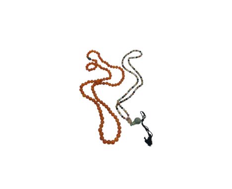 A long, carnelian bead necklace with stamped silver box clasp, aprox 122 cm long, and a mixed agate and jade necklace with sp
