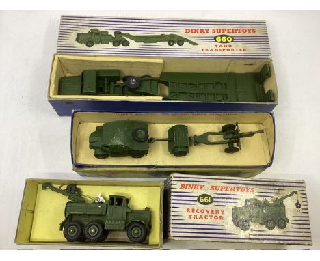 Vintage Dinky 3 Military die-cast toy &nbsp;vehicles to include 661 recovery tractor ,697 pounder gun unit and 660 tank trans