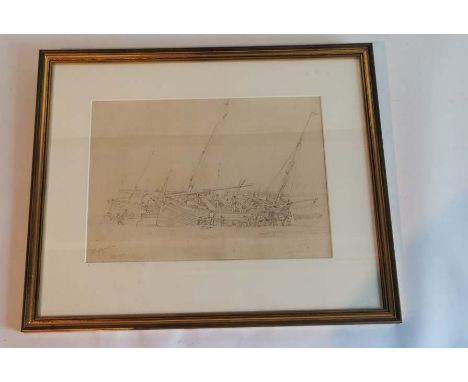 Edward Duncan RWS, British 1803-1882- Pencil Sketch of Whitby Harbour 1867. The sketch shows two boats in the harbour with va