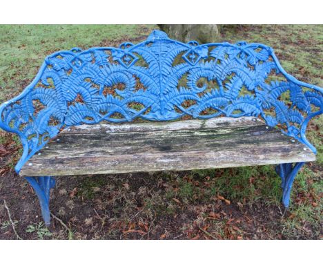 Coalbrookdale style cast iron garden bench finished in Blue, wooden slats in overall good condition but may need a little wor