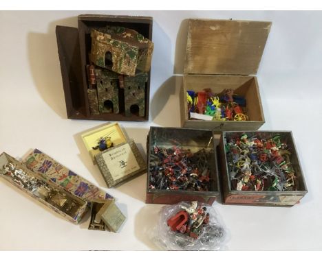 Vintage and Antique shop bought fort to be constructed with stucco walls and metal soldiers and action figures, plastic 1960s
