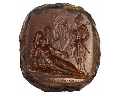 Nathaniel Marchant - 1739 -1816 A carved and engraved amber glass Intaglio.  Depicting the death of General Wolfe - General W