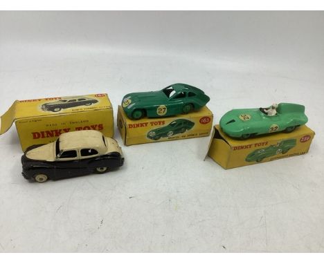 Vintage Dinky die cast toy cars to include a 161 Austin Somerset, 236 Connaught racing car , &nbsp;and a 27 Bristol 450 sport