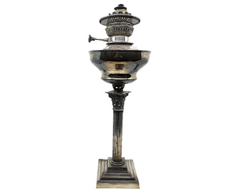 A Veritas plated oil lamp with Corinthian column on stepped square base, 53cm high (lacking shade)