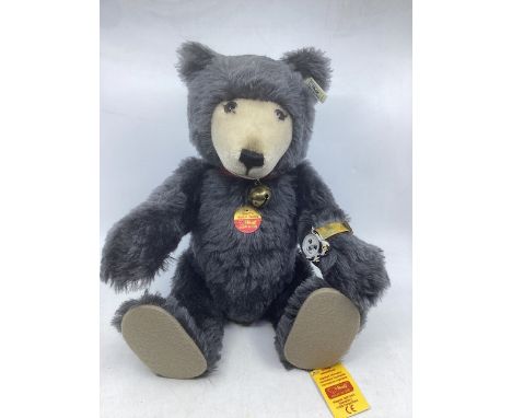     Steiff Teddy watch 02696 in charcoal grey mohair vintage teddy bear, as sold 1990s with marbled  strap original steiff vi