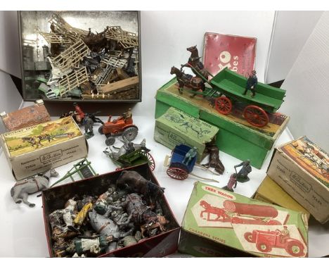 Vintage and Antique Britains farm toys ; to include a boxed tumbrel cart and tree wagon and Framers gig and roller-large 1930