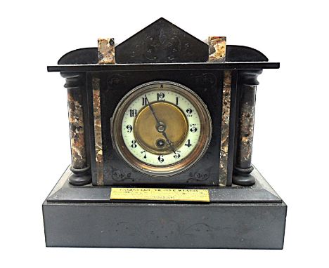 A Victorian black slate and marble mantel clock in architectural case with presentation plaque dated 1895, 28cm high