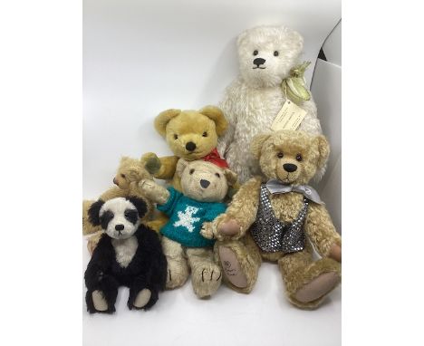 Merrythought Vintage teddy bears &nbsp;to include; Old gold teddy, Pedley Tedeez, A panda Teddy bear; Old vintage Bear in swe