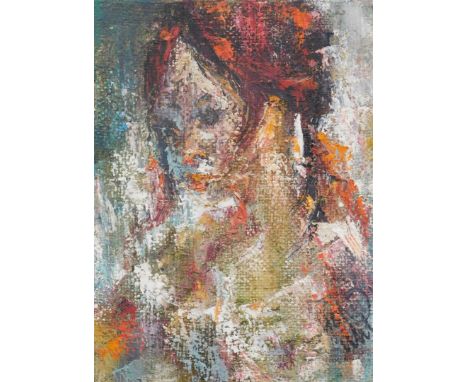John Uht (1924-2010). Portrait of a lady, oil on canvas, signed, The Fernaux Galleries, Church Road, Wimbledon Village label 