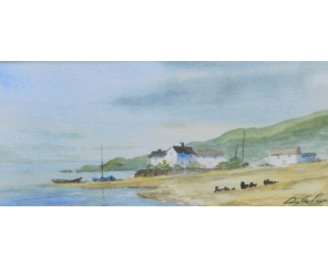 Digby Page (b.1945). Seascape, moored boats before cottages, watercolour, signed, 10cm x 20cm.