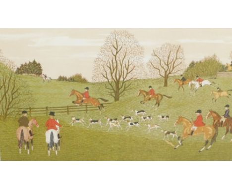 Vincent Haddelsey (1934-2010). Hunting figure jumping fence with hounds, further figures and trees, artist signed lithograph 