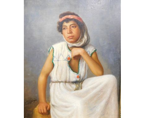 Taigay (20thC). Portrait of a lady, three quarter profile, oil on canvas, indistinct handwritten title verso, 39cm x 32cm.