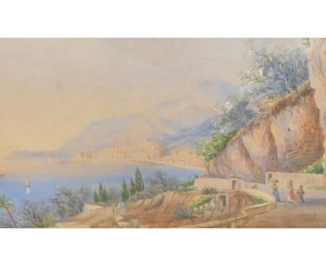 19thC School. Continental seascape, figures on a path before buildings and mountains with calm waters, watercolour, unsigned,