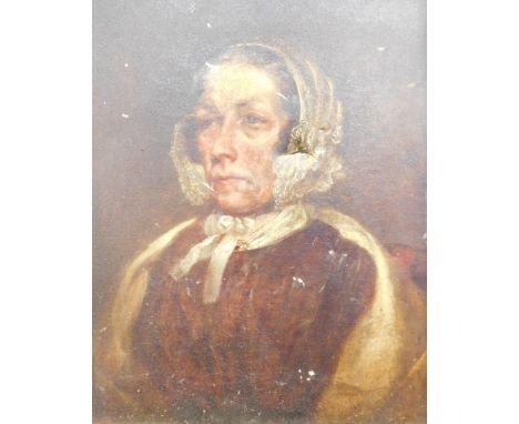 19thC School. Portrait of a lady wearing bonnet, quarter profile, oil on canvas, unsigned, 26cm x 19cm. (AF)