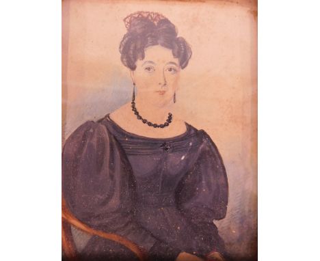 19thC English School. Portrait miniature of a lady quarter profile, watercolour on paper, unsigned, 11cm x 9cm, The Speaker b