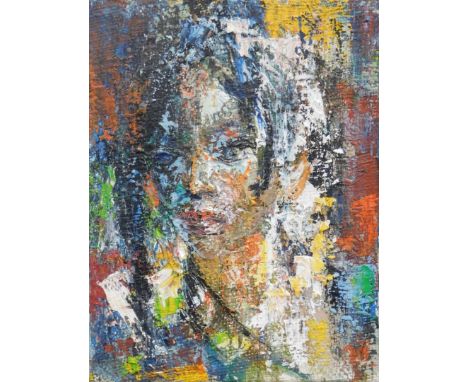 John Uht (1924-2010). Portrait of a lady, oil on canvas, signed, The Fernaux Galleries, Church Road, Wimbledon Village label 
