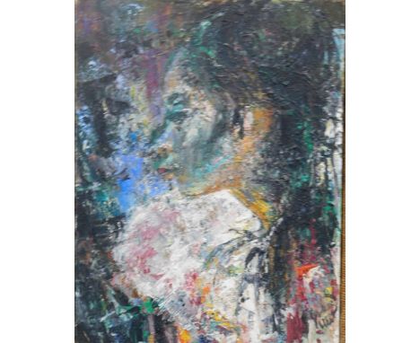 John Uht (1924-2010). Portrait of a lady, oil on canvas, signed, The Fernaux Galleries, Church Road, Wimbledon Village label 