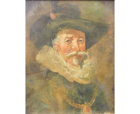 18thC School. Portrait of a gentleman wearing ruff, oil on board, unsigned, Ex Cheffins lot 133 27/6/2019 label, 31cm x 25cm.