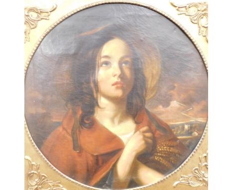 19thC School. Portrait of a girl wearing hat and shawl, with castle and clouds gathering in the distance, oil on canvas, unsi
