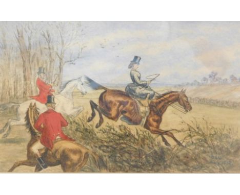 G. S. U. (19thC). Hunting scene, figures on horseback jumping hedge, watercolour, initialled and dated AUG 1872, 15cm x 22cm.