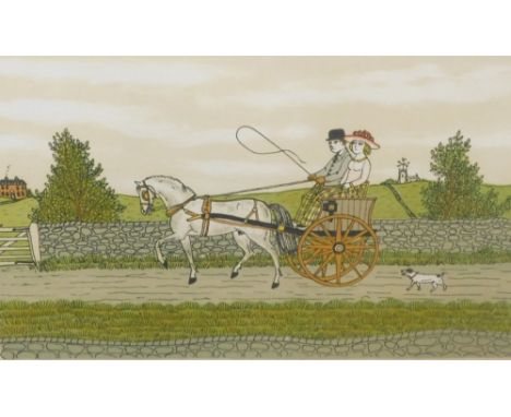 Vincent Haddelsey (1934-2010). Figures in trotting carriage with dog on path,  artist signed coloured lithograph numbered 6/1