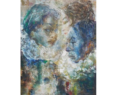 John Uht (1924-2010). Portrait of three figures, oil on canvas, signed, The Fernaux Galleries, Church Road, Wimbledon Village
