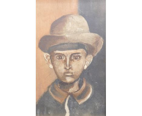 James Boswell (1906-1971). Boy wearing a hat - head and shoulders portrait, oil on board, inscribed verso, 23cm x 14cm.