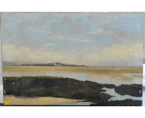 20thC English School. Calm seascape with house in the distance, oil on canvas, unsigned, with Windsor House Antiques label, 6